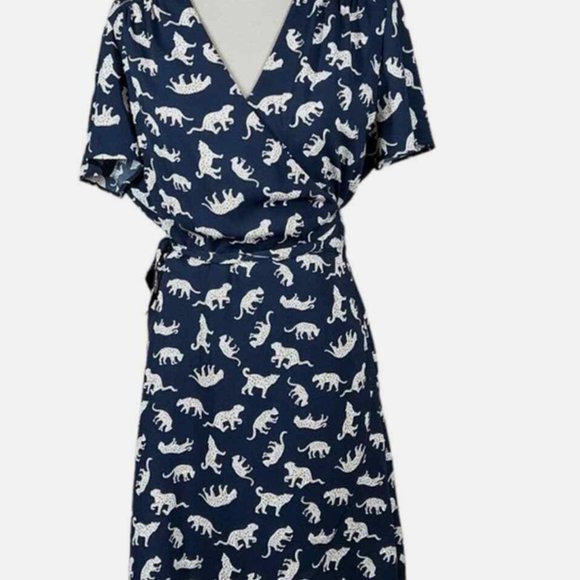 J Crew Navy Leopard Tie Wrap Dress - Picture 2 of 5